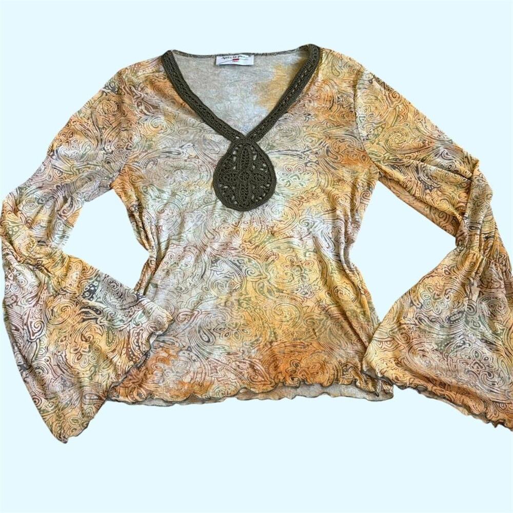 Micromesh boho paisley print long sleeve top with bell sleeves